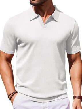 Women's White V-Neck Short Sleeve Stretch Knit Polo Shirt Top